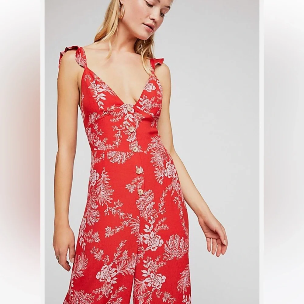 Free People Red Floral Wide Leg Be The One Tropical Pant Boho Tropic Jumpsuit - Picture 13 of 15
